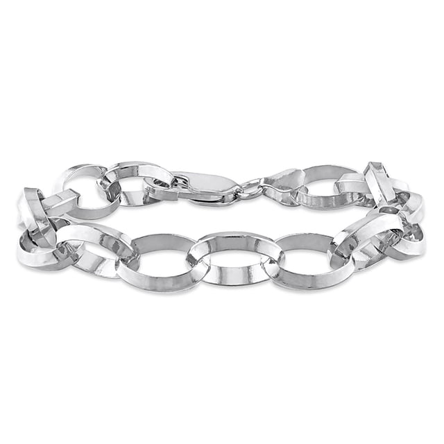 Miabella Sterling Silver Rolo Chain Bracelet with 7.5-inch length and 10.5mm wide oval links, high polished finish, and lobster clasp, displayed on a white background, ideal for coordinating with casual and formal attire.