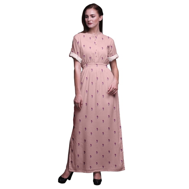 Bimba Rayon Leaves Block Smocked Waist Printed Gown Maxi Side Slit LadiesDress-XXX-Large