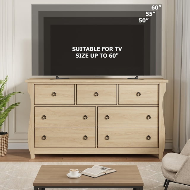 AKDSteel Commode à 7 Tiroirs pour Chambre, Commode à Tiroirs de 54 Pouces de Large avec Rangement Autoportante, Coffre de Rangement en Bois pour Garde-Robe pour Salon, Chambre, Entrée