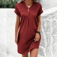 thumbnail image 2 of hotojiny Robes en Coton et Lin pour Femmes 2025 Amples à Boutons Col en V Robe T-Shirt Décontractée Unie à Manches Courtes Roulées Robes Mini de Plage, 2 of 7