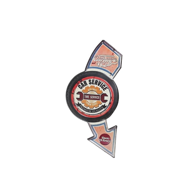 IH Casa Decor Embossed Metal Wall Sign Car And Tire Service showing a circular tire design with 'Car Service' and 'Tire Service' text, embossed double spanner graphic, and a tilted arrow with 'Open 24 hours!' text, multicolored metal wall decor ideal for garage or entryway walls.