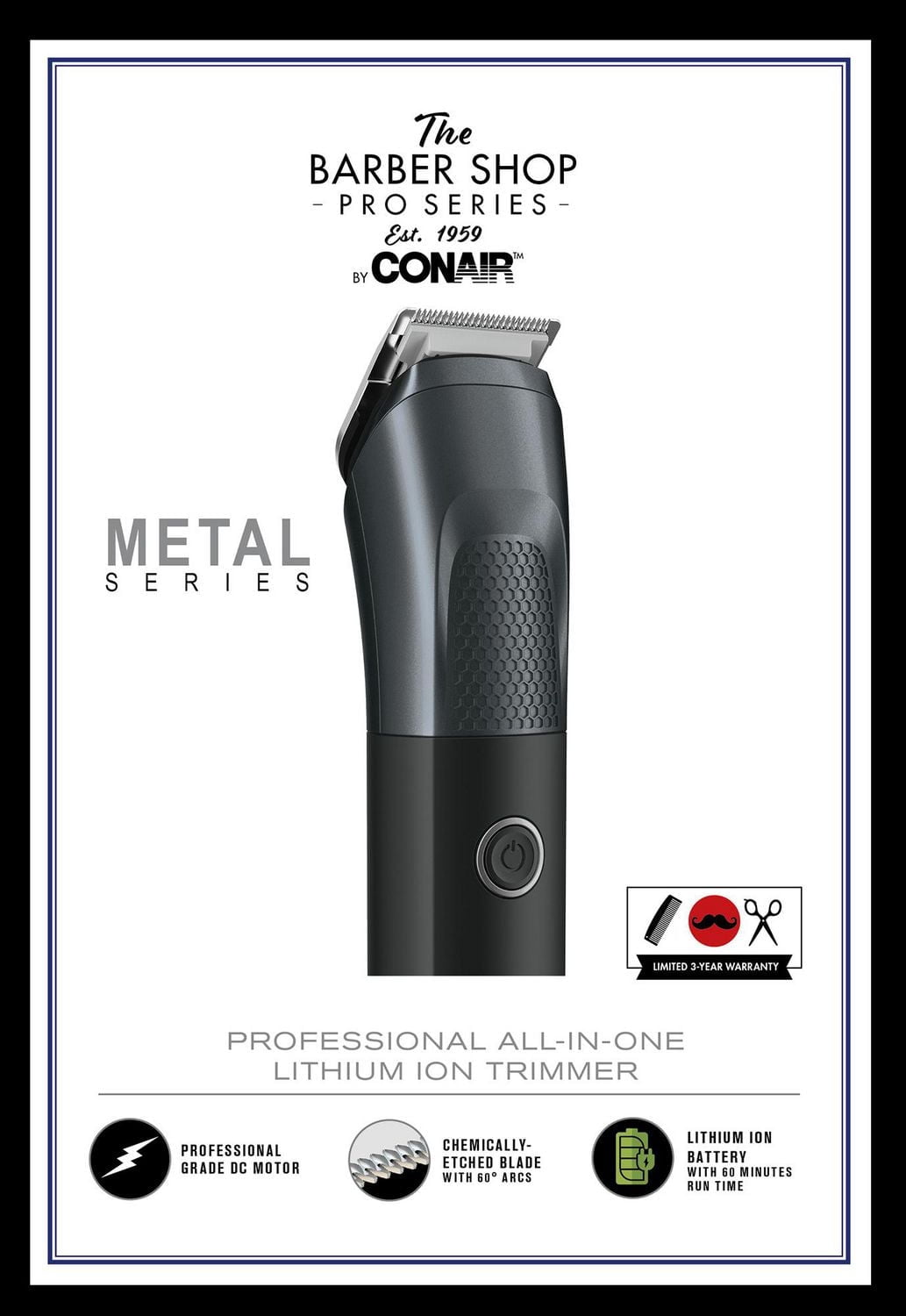 Tondeuse métallique tout‑en‑un Conair Barber Shop PRO Series, sans fil, lithium‑ion, avec rasoir grille et tête nez/oreilles
