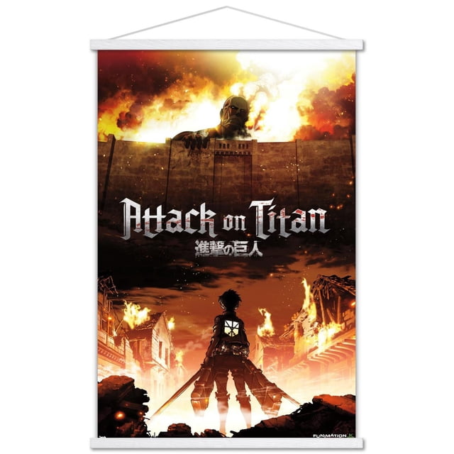 Attack on Titan - Fire Wall Poster, 22.375" x 34" showing a centered front view of a silhouetted anime character with dual swords standing amid burning ruins, facing a colossal Titan peering over a stone wall with flames and smoke, printed on glossy poster paper, suitable as anime wall art for home décor.