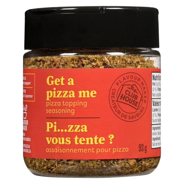 Club House Assaisonnement pour Garniture de Pizza, 93 g, dans un Pot Transparent avec Couvercle Noir et Étiquette Rouge Bilingue, Contenant des Herbes Séchées et des Épices comme l'Ail et l'Origan, Conçu pour Ajouter une Touche Italienne à la Pizza, aux Pâtes et à la vinaigrette.