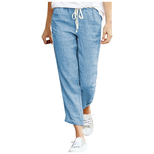 Yuyuzo Womens Cotton Linen Slacks Plus Size Lounge Pants Drawstring Waist Straight Leg Trousers Solid Color