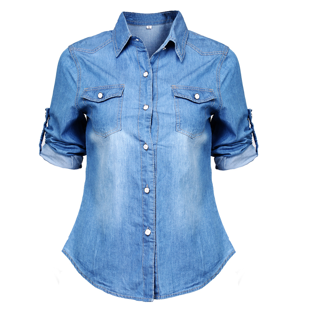 Chemisiers en Denim pour Femmes Mode Doux Manches Longues Chemise Ajustée Hauts
