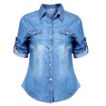 thumbnail image 1 of Chemisiers en Denim pour Femmes Mode Doux Manches Longues Chemise Ajustée Hauts, 1 of 4