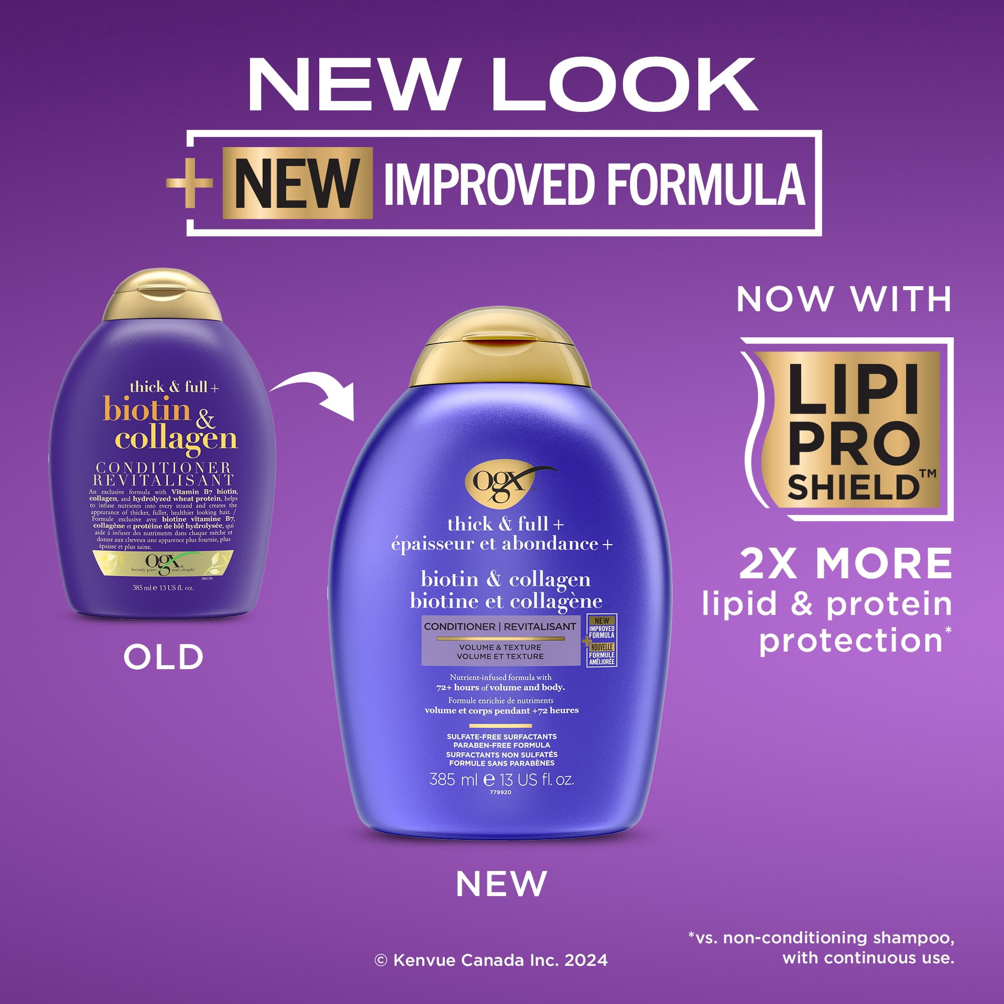 OGX Thick & Full + Biotin & Collagen Volumizing Conditioner, Nutrient-Infused Conditioner with Vitamin B7 Biotin Gives Hair Volume & Body for 72+ Hours, Sulfate-Free Surfactants