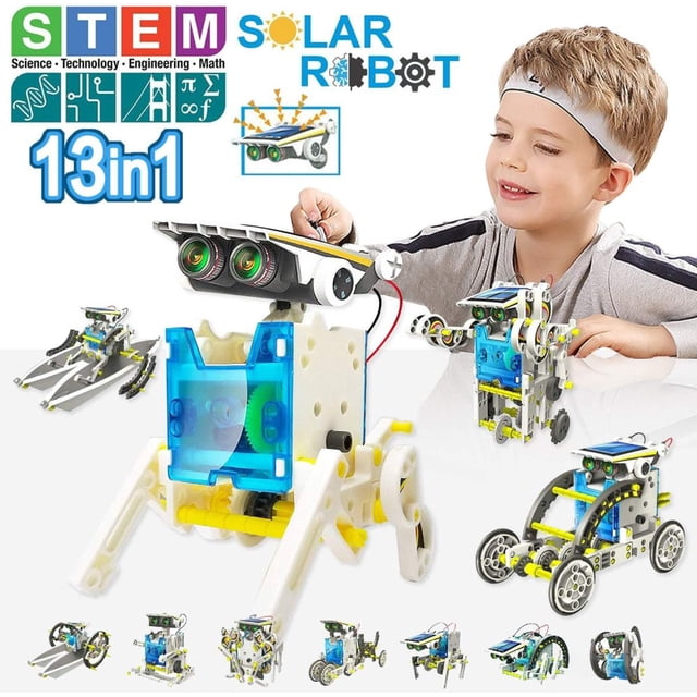 Stem 13-In-1 Education Solar Robot Kit Toys - DIY Building Science Experiment Toys for Kids. The image displays multiple robot designs, including humanoid and wheeled robots, built from the kit. Each robot is powered by a solar panel, promoting renewable energy learning. A child is shown engaging with the kit, highlighting its STEM educational value for children aged 8-12.