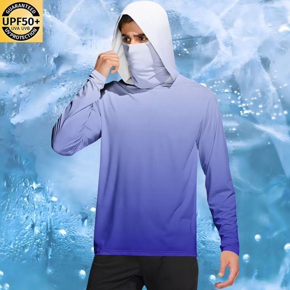 Pisexur Vêtement de Protection Solaire Homme UPF 50 Chemise à Manches Longues Homme Imprimée Été Écran Solaire Respirant Manches Longues avec Masque Blouse à Capuche Bleu Foncé,m