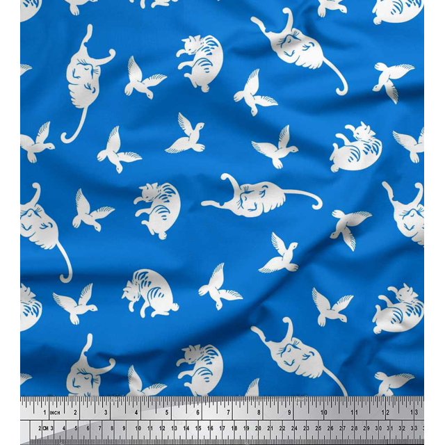 Soimoi Cotton Poplin Fabric Bird & Cat Animal Print Sewing Fabric Yard 56 Inch Wide