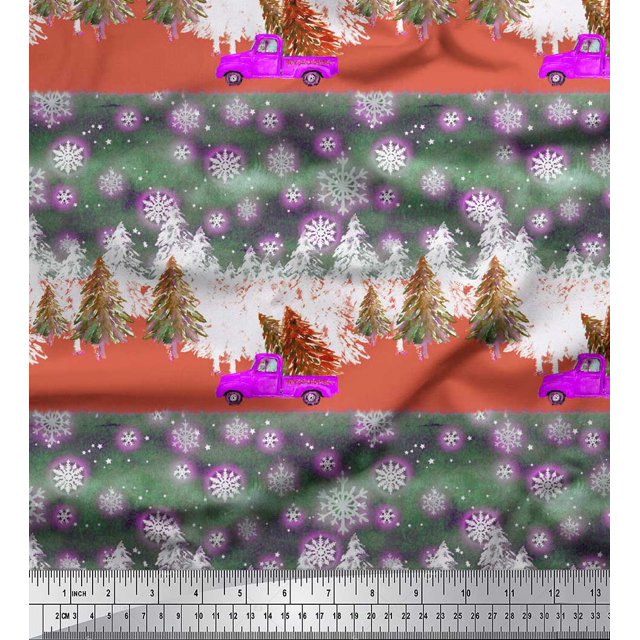 Soimoi Green Poly Georgette Fabric Car & Pine Tree Nature Printed Fabric 1 Yard 42 Inch Wide