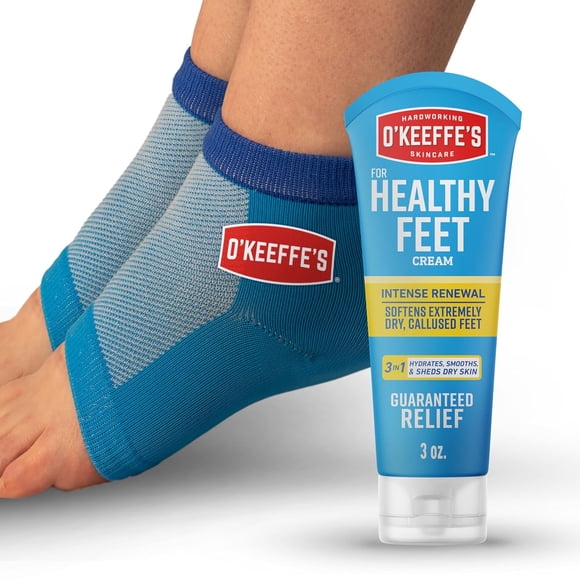 O'keeffe's Trousse de Réparation du Talon pour Pieds en Santé avec Urée et Acide Lactique – (1 Paire) Manchons de Pied Réutilisables + 3 oz. Crème pour Pieds Renouvellement Intense, Exfolie et Adoucit les Talons Secs