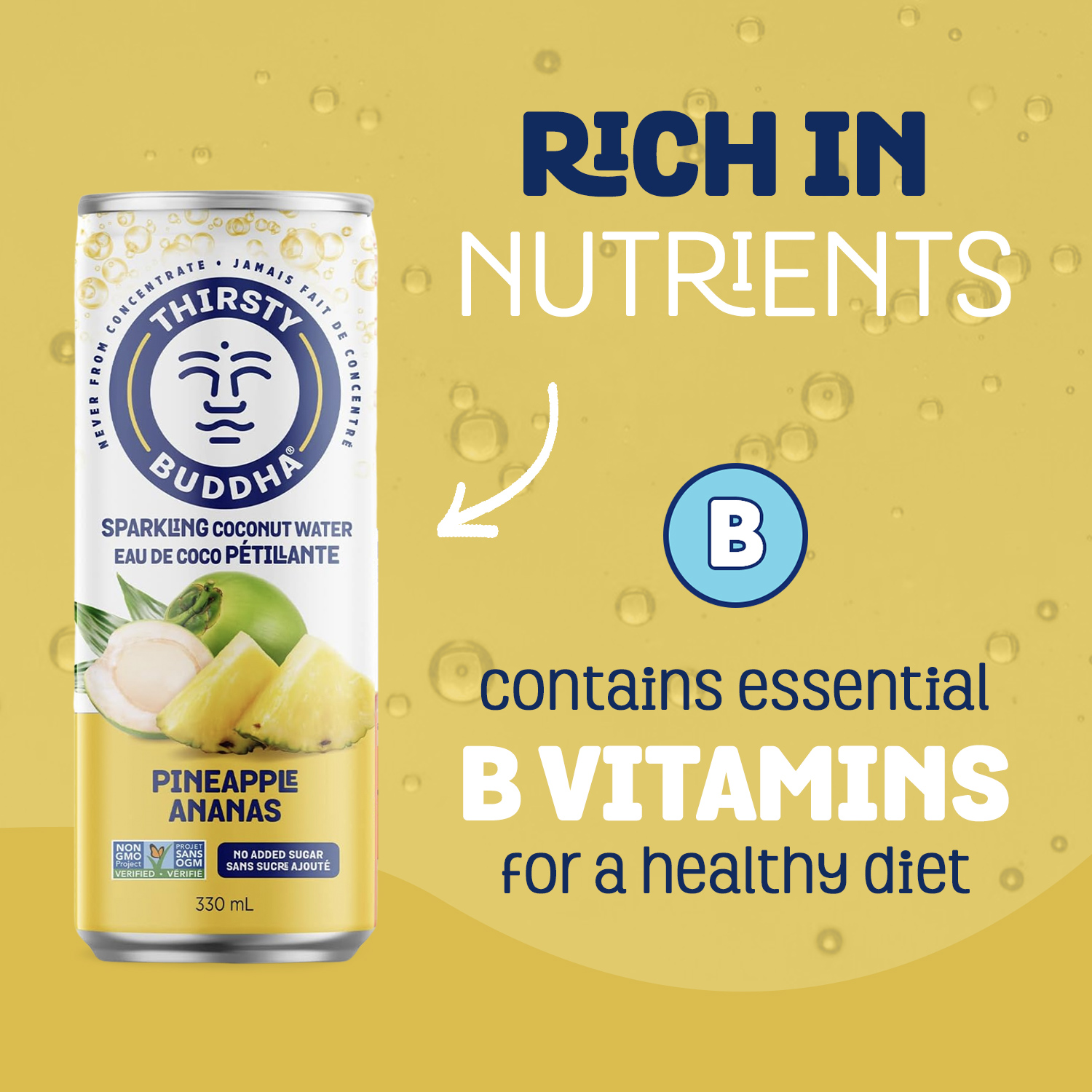 Thirsty Buddha Eau de Coco Pétillante à l'Ananas, Sans Sucre Ajouté, Sans OGM, Certifié Végétalien, Canette330ml
