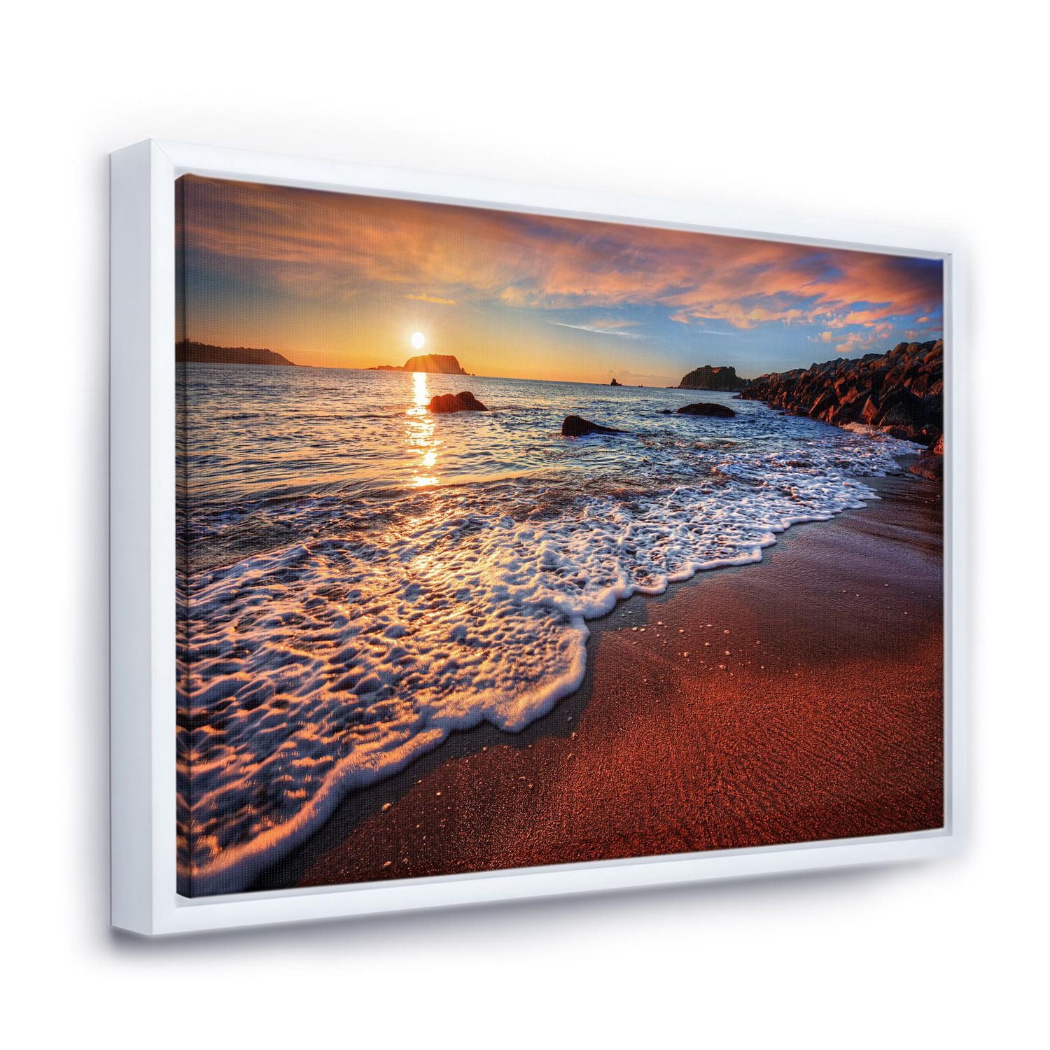 Designart Superbe plage de l'océan au coucher du soleil ART MURAL À CADRE FLOTTÉ