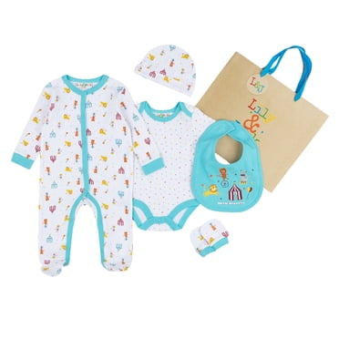 Lily and Jack Little Circus 5-Piece Layette Set – 100% Cotton Baby Essentials, Sleepsuit, Bodysuit & More – Adorable & Comfortable Gift for Baby Boys & Girls
