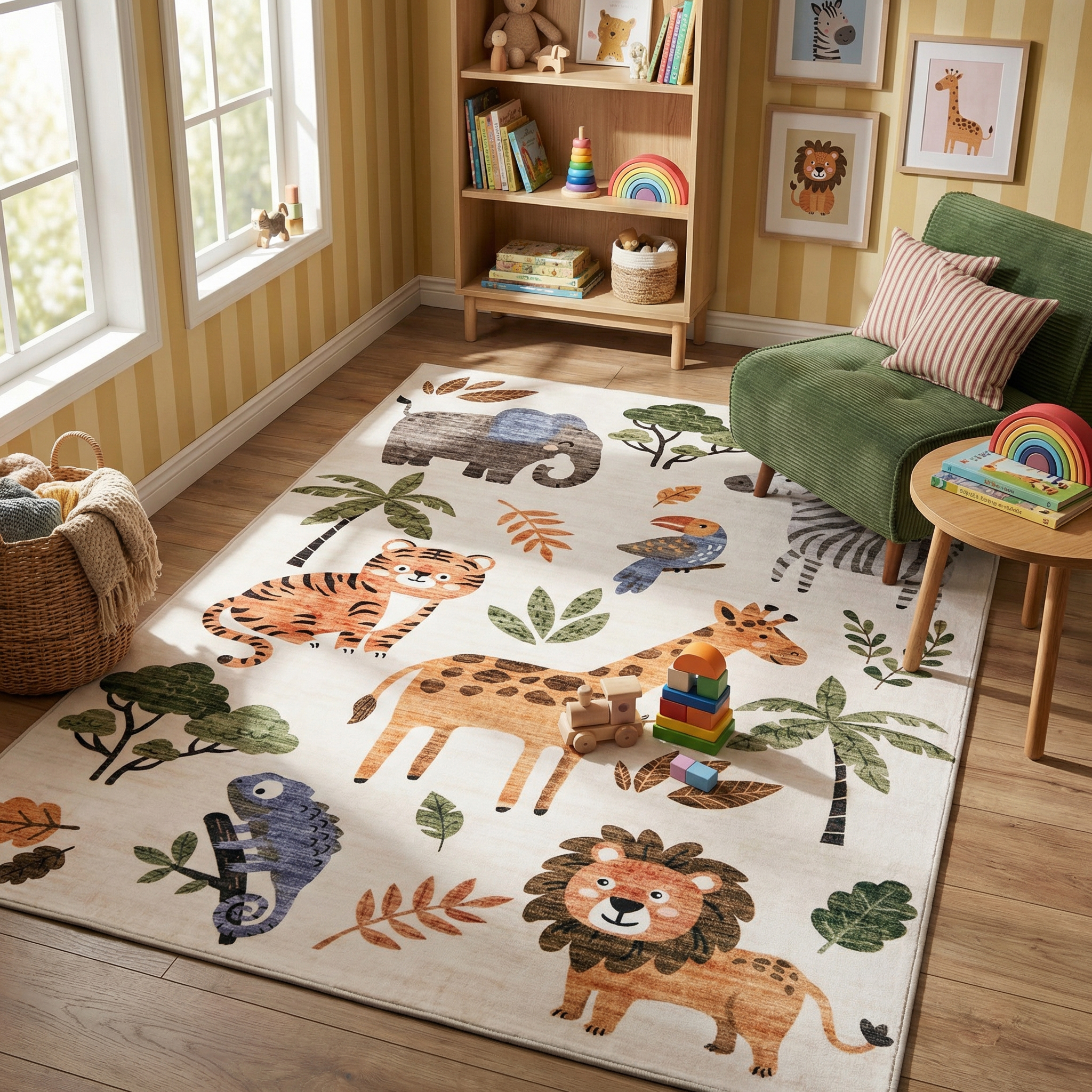 Rug Branch Soft Steps Playtime Cartoon Animals, Tapis d'apprentissage educatif doux, blanc beige - Garcons et filles dans la salle de jeux, la creche, la chambre a coucher