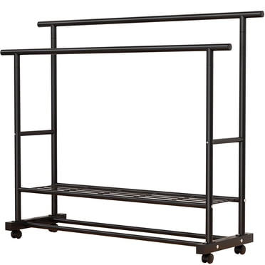 SUSUZI Heavy Duty Double Rod Clothes Rack with Wheels, Rolling Garment Rack with 2 Storage Shelves & 6 Hooks, 180LBS Metal Clothing Rack for Bedroom, Closet & Laundry Room, Black