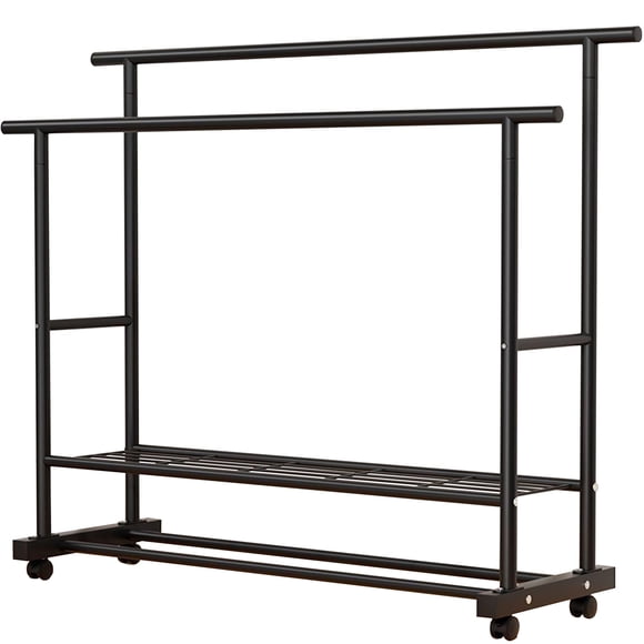 SUSUZI Double Rods Garment Rack with Wheels, Freestanding Clothing Rack for Hanging Clothes