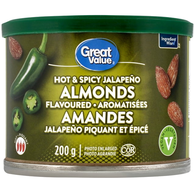 Great Value Hot & Spicy Jalapeño Flavoured Almonds in a 200 g can with a green lid, featuring roasted almonds and jalapeño peppers on the label, vegan and rated hot with three chili peppers, suitable for spicy snacking or charcuterie boards.