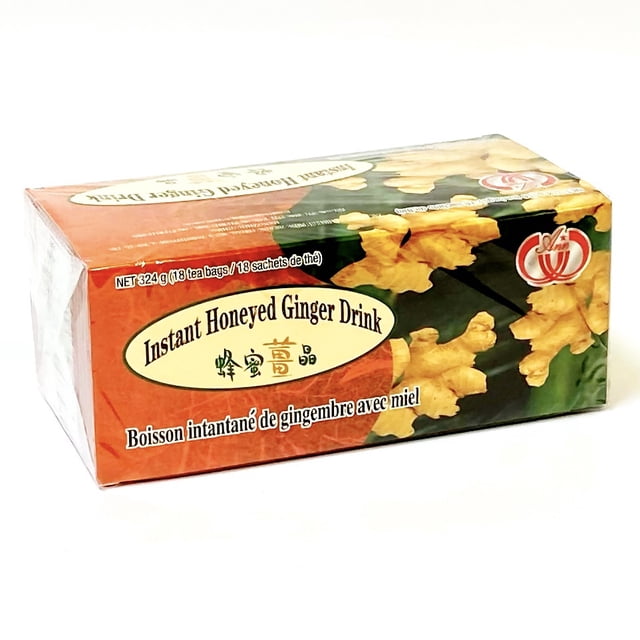 Ann Instant Honeyed Ginger Drink box with orange and green floral design featuring ginger root illustrations, containing 18 tea bags, labeled in English, Chinese, and French, suitable for dissolving in hot or cold water as an instant tea beverage.