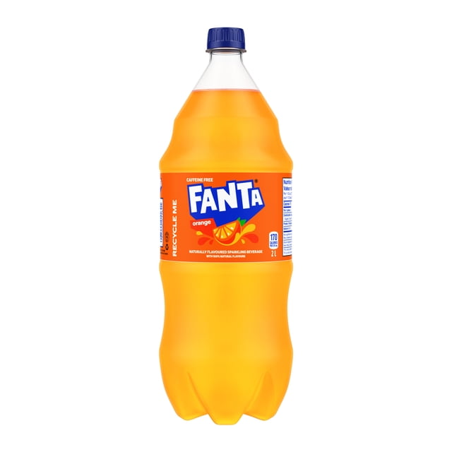 Fanta Orange Bottle, 2 Liters, front-facing clear plastic bottle filled with bright orange soda, blue cap, label with Fanta logo and orange slice graphic, caffeine-free and naturally flavoured with 5% real orange juice, suitable for refreshing fruit-flavoured soft drink enjoyment.