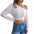 thumbnail image 2 of RKSTN Chandails pour Femmes Mode Décontractée Manches Longues Épaules Dénudées Tricot Col Rond Chandail Chandails d'Automne, 2 of 5