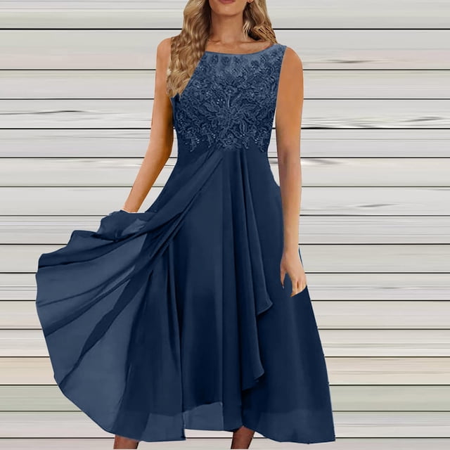 EGNMCR Robes de Soirée pour Femmes, Robes Formelles pour Femmes, Robes de Cocktail pour Femmes Femmes Unies Sans Manches Col Rond Dentelle Mousseline Maille Taille Robes de Fête Jupe en Mousseline pour Femmes