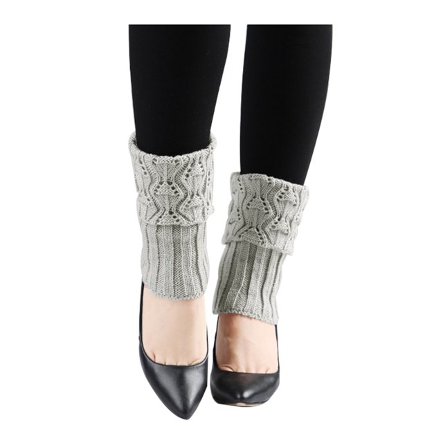 INSPIRE CHIC Women's Ruffled Cuff Over Knee Length Ribbed Knitted Leg Warmers Light Gray-Printed