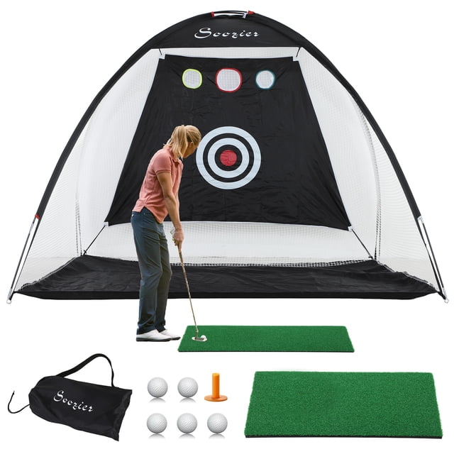 Soozier Filet d'Entraînement de Golf 10 x 6 Pi, Aide à l'Entraînement de Golf Extérieur avec un Filet en nylon Noir et une Cible Principale Spacieuse plus des Cibles de Précision Trois Couleurs. Comprend un Tapis pour Gazon, un T-Shirt en Caoutchouc, des Balles de Golf et un Sac de transport pour un transport Facile. Soutenu par des Poteaux en Fibre de Verre Durables et des Piquets de Sol pour la Stabilité Lors des Séances d'Entraînement.