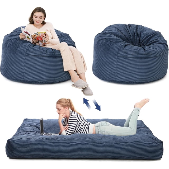 Bean Bag Chair, Giant Bean Bag Bed for Adults, Convertible Bean Bag Chair Bed from Beanbag to Floor Mattress, Foam Filled Large Couch Sofa Bed with Corduroy Cover, Navy