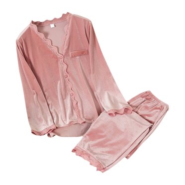 HNMKIU Women's Sleepwear for All Seasons Ladies' Long Sleeve V Neck Lace Outerwear Two Piece Set Home Clothing