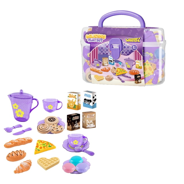 Purple 25 Piece Kids Tea Set Toy Kitchen Utensils Play Food Set Pretend Play Toy High Tea Dessert Set Storage Box Included 11.8X7.9X3.9 Inches