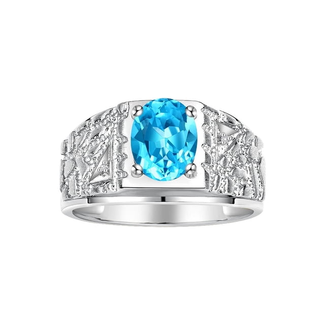 RYLOS Men's Rings Sterling Silver Designer Nugget Ring Oval 9X7MM Gemstone & Diamonds Blue Topaz Birthstone Rings For Man Size 12