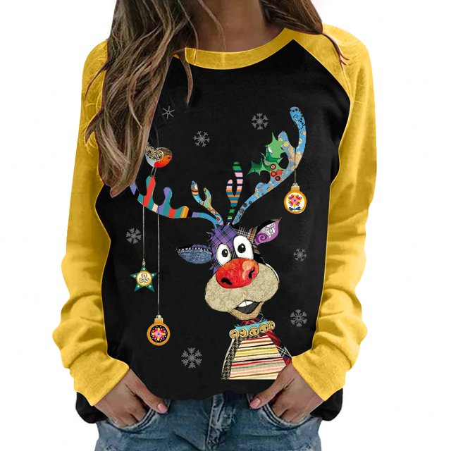 Chandail en Molleton de Noël pour Femmes 2023 Col Rond Mode Décontractée Manches Longues Imprimé de Noël Chandail en Molleton Blouse en Solde