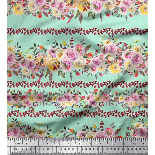 Soimoi Green Poly Georgette Fabric Leaves & Pink Floral Print Fabric by The Yard 52 Inch Wide