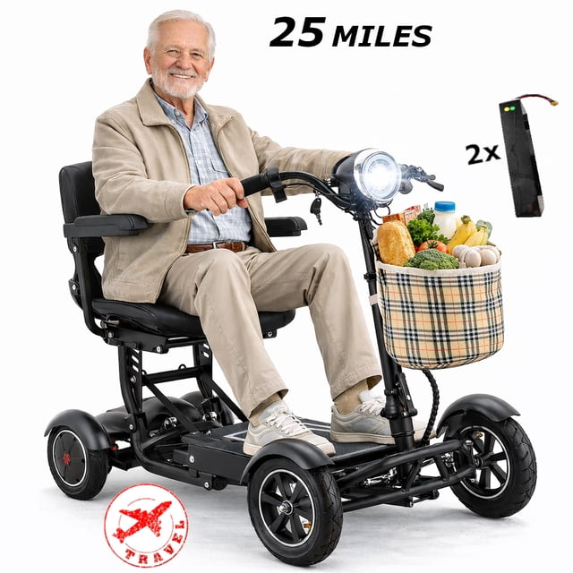 Large Seat 40km Range Mobility Scooter Safe Ride on 4 Wheels with Armrests, Recharge within 5 hours Foldable Portable Complies with Airline Regulations