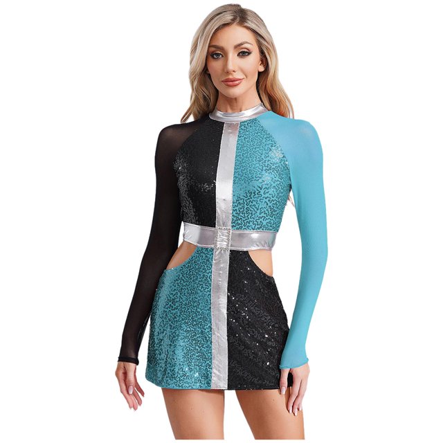Jhaoyu Robe Déguisement des Années 60 pour Femmes, Mini Robe à Sequins Scintillants, Tenues de Spectacle, Bleu TG