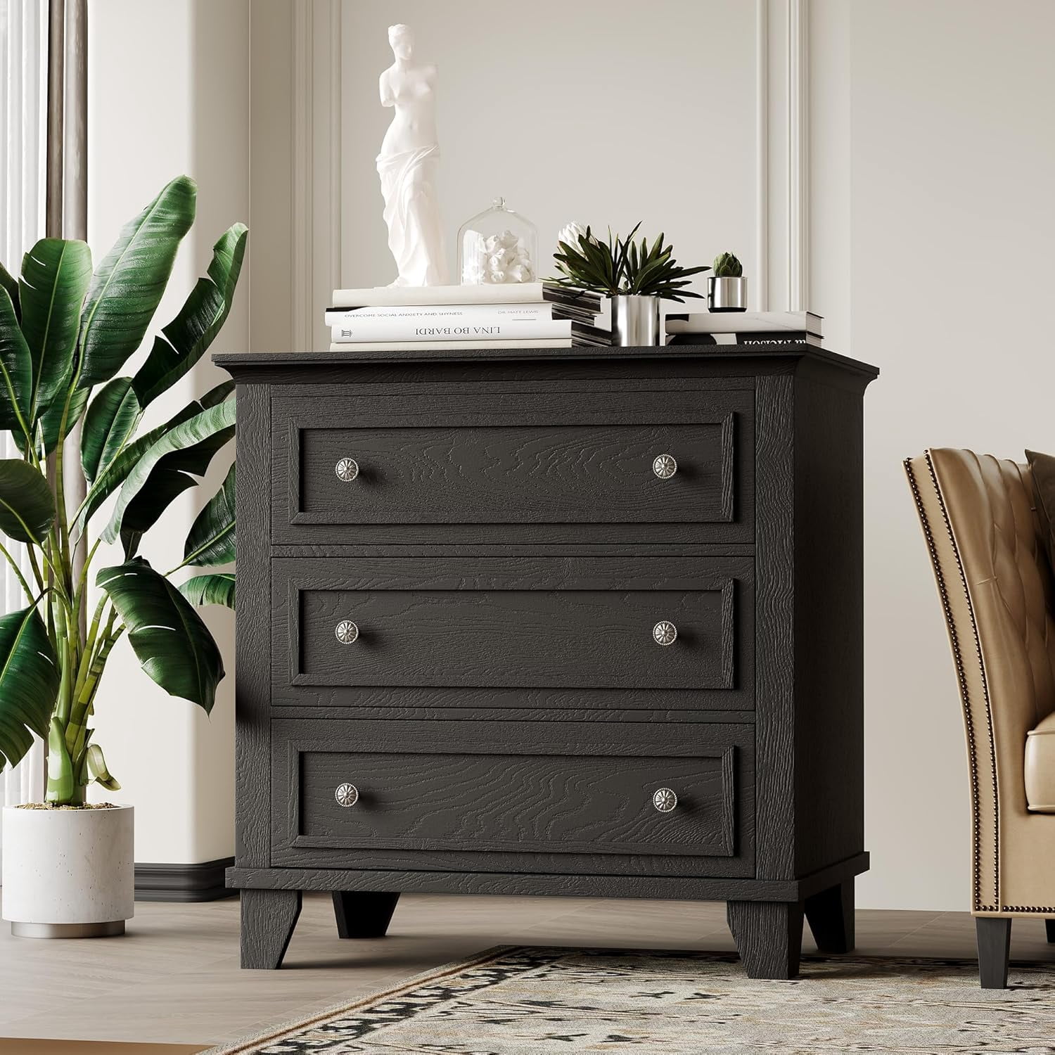 3 Drawer Dresser for Bedroom, Black Wood Chest of Drawers Bedroom Dresser, Rustic Small Drawers Dressers Nightstand Wooden Closet Storage Cabinet for Living Room