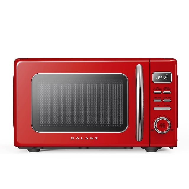 Galanz Retro Countertop Microwave Oven with Auto Cook & Reheat, Defrost, Quick Start Functions, Easy Clean with Glass Turntable, Pull Handle, 0.7 cu ft capacity in red, showing a front-facing view with digital display, control buttons, and silver handle, suitable for compact kitchens and small spaces.