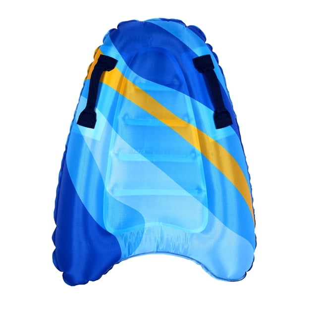 Inflatable body board for kids with a durable striped design in blue and yellow, ideal for swimming pools and beaches. Made of thickened, soft material with two black handles for grip. Measures 75x52x15cm, suitable as a floating toy or pool float for water activities.