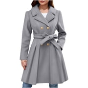 Mceream Women's Winter Double Breasted Wool Coat Pleated Hem Belted Winter Trench Coat Peacoat Plus Size Outwear Abrigos Elegantes Para Mujer Gray L