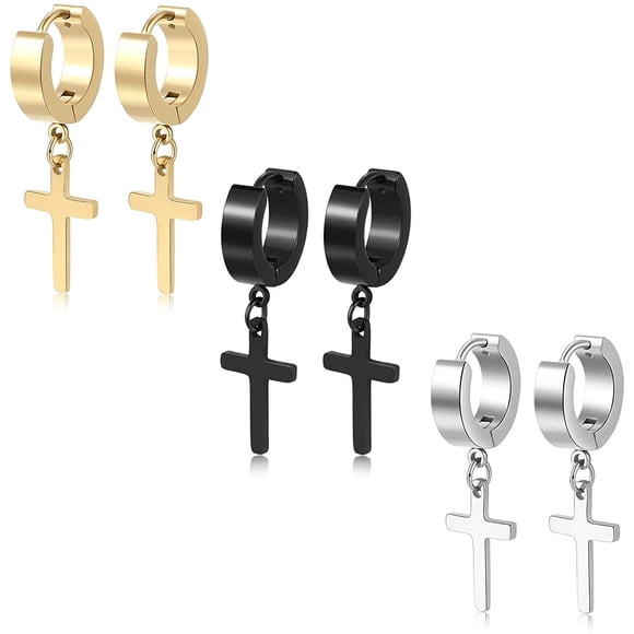 3 Pairs of Cross Earrings Dangle Hinged Men Earrings Stainless Steel Cross hoop Earrings for Men and Women ,Silver,Gold ,Black