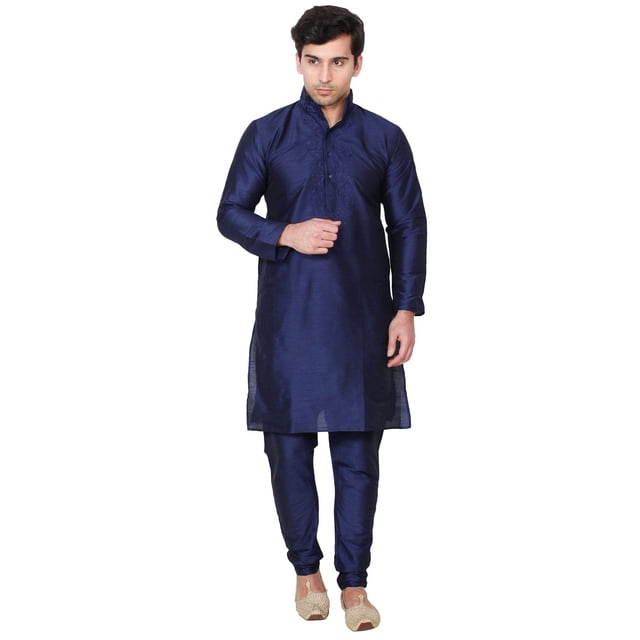 Maple Clothing Men's Art Silk Kurta Pajama Set Indian Wedding Clothes (Blue, L)