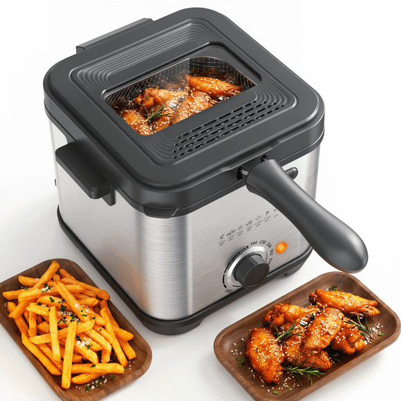 Friteuse, Friteuse Électrique 1,6 Qt avec Panier Suspendable, Fenêtre d'Observation, Température Réglable 175 °F-375 °F, Friteuse à Huile de Comptoir en Acier Inoxydable, 950 W, Pièces Allant au Lave-Vaisselle