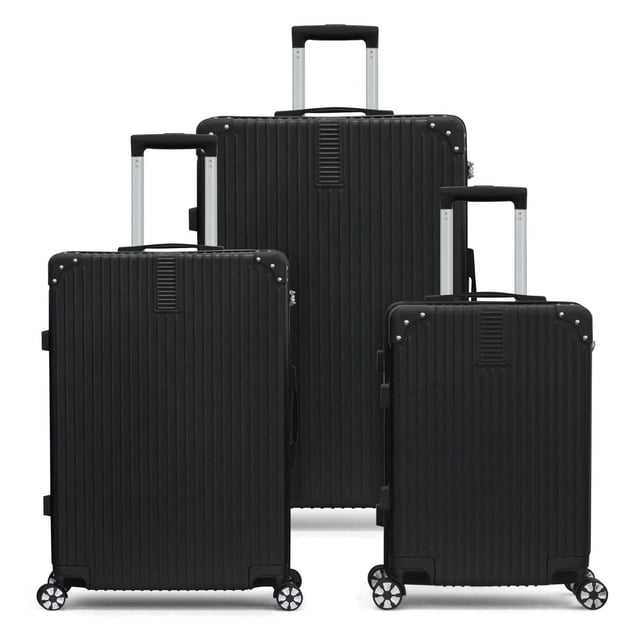 HIKOLAYAE Upright Luggage with 8-Wheel Spinner in black, 3 Piece set featuring three hard-shell ABS suitcases with vertical ridges, reinforced corners, telescoping handles, and 8 spinner wheels for 360-degree mobility, TSA compliant and durable for travel.