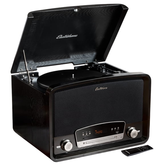 Electrohome Kingston Tourne-Disque Vintage 7-en-1 Stéréo avec Plateau Tournant à 3 Vitesses, Bluetooth, Radio AM/FM, CD, Entrée AUX, Sortie RCA/écouteurs, Enregistrement Vinyle/CD vers MP3 et Lecture USB (RR75B)