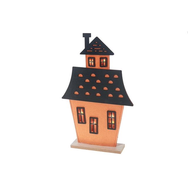 Ghost And Haunted Felt House Decor Large is a felt Halloween tabletop decoration shaped like a tall orange house with a black roof featuring cut-out semi-circles and illuminated windows, standing on a wooden base, suitable for adding spooky charm to desks or shelves.