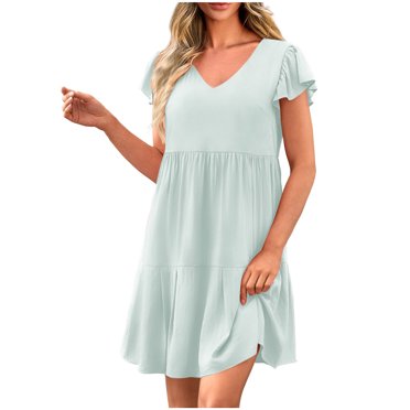 Pisexur Robes pour Femmes Robe en Coton et Lin Aguichant à Col en V Robe Midi Unie à Manches Courtes Robe Fluide à Étages Robe d'Été Décontractée Ample Robe de Plage Longueur Genou Vacances Robe Trapèze Courte