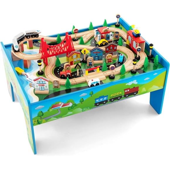 OLAKIDS Table de Train, Ensemble de Jeu de 80 Pcs en Bois pour Enfants avec Plateau Réversible Détachable, Rails, Train, Chemin de Fer, Ville, Cadeau pour Tout-Petits Garçons Filles 3+